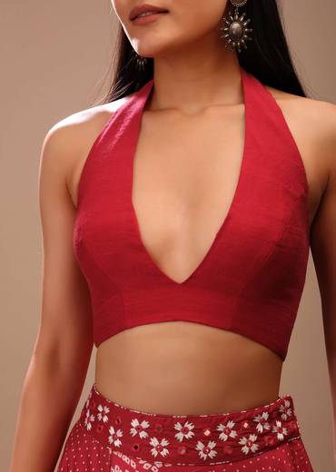 Lipstick Red Backless Blouse In Raw Silk With Halter Neckline And Plunging Neckline