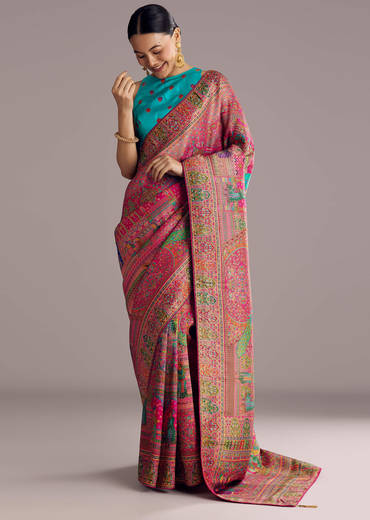 Magenta Dola Silk Saree With Traditional Prints