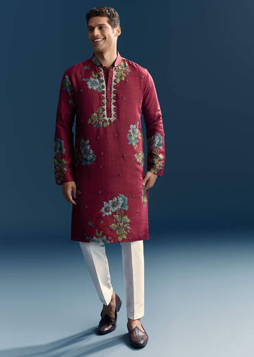 Magenta Silk Kurta Set For Men With Heavy Hand Work