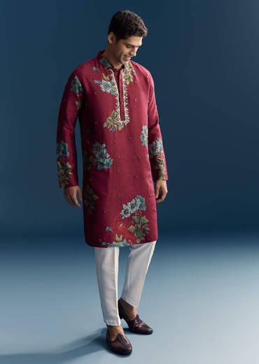Magenta Silk Kurta Set For Men With Heavy Hand Work