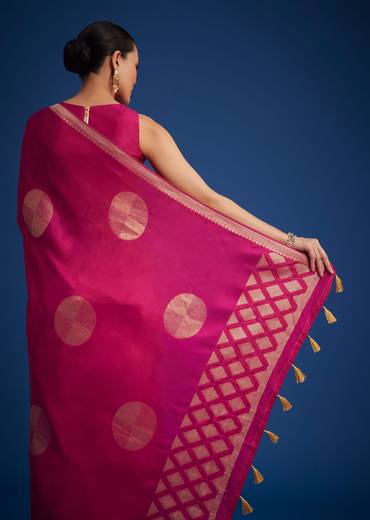 Magenta Pink Dola Silk Saree With Zari Work In Geometric Patterns
