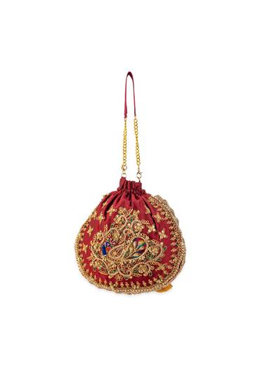 Maroon and Gold Silk Peacock Motif Embroidered Potli Bag