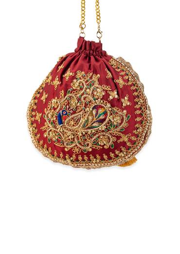Maroon and Gold Silk Peacock Motif Embroidered Potli Bag