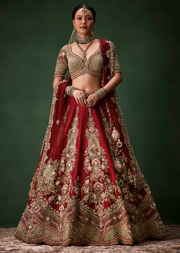 Maroon Bridal Lehenga Set In Raw Silk with Two Dupattas