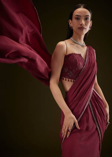 Maroon Corset Embroidered Blouse With Pre Stitched Draped Saree