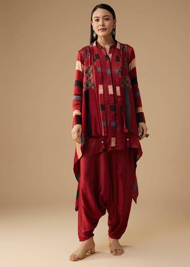 Maroon Hand Dyed Ajrakh Jacket, Shirt and Dhoti Set