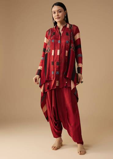 Maroon Hand Dyed Ajrakh Jacket, Shirt and Dhoti Set