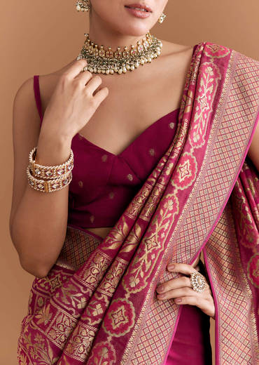 Maroon Khadhi Georgette Saree With Floral And Geometric Zari Work