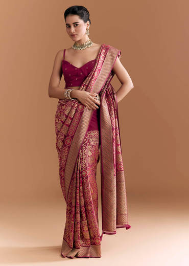 Maroon Khadhi Georgette Saree With Floral And Geometric Zari Work