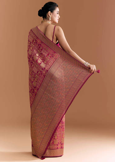 Maroon Khadhi Georgette Saree With Floral And Geometric Zari Work