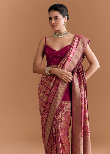Maroon Khadhi Georgette Saree With Floral And Geometric Zari Work