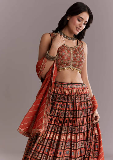 Maroon Modal Bridesmaid Lehenga With Hand Dyed Ajrakh Print