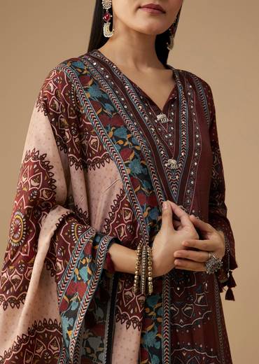 Maroon Printed Silk Kurta Pant Set