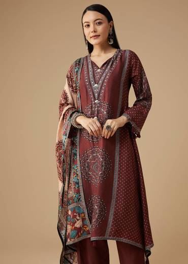 Maroon Printed Silk Kurta Pant Set