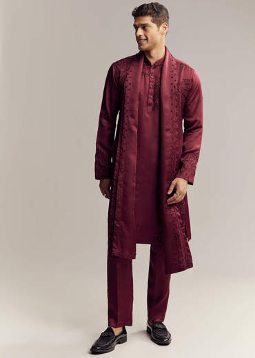 Maroon Red Silk Hand Embroidered Kurta Set For Men
