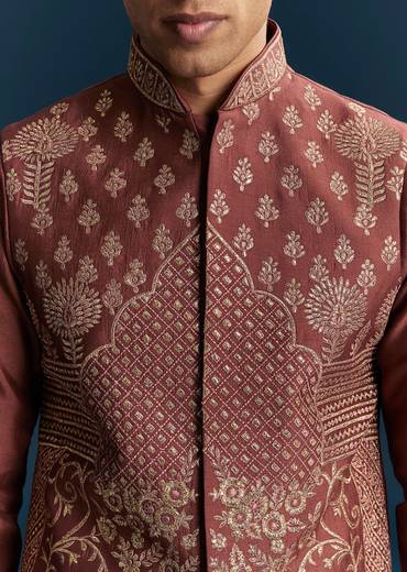 Maroon Red Silk Kurta Jacket Set With Thread Detail Work