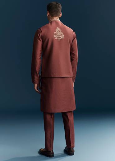 Maroon Red Silk Kurta Jacket Set With Thread Detail Work