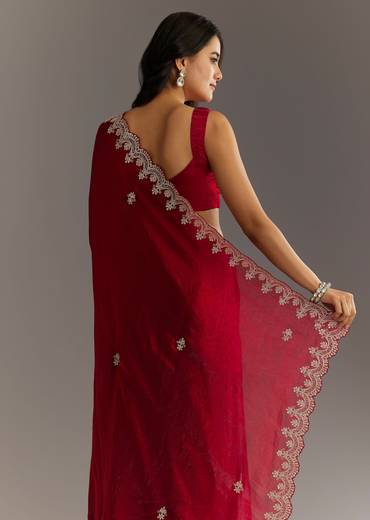 Maroon Satin Embroidered Saree With Scallop Border