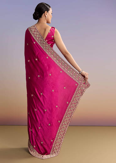 Maroon Satin Saree With Floral Embroidered Border