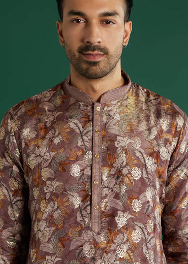 Maroon Silk Kurta Set For Men With Floral Motif Print
