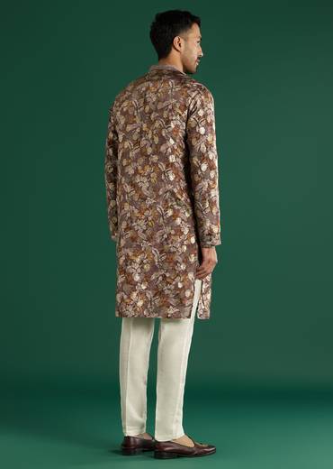 Maroon Silk Kurta Set For Men With Floral Motif Print