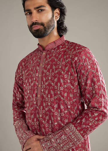 Maroon Silk Kurta Set For Men With Sequins And Resham Embroidery