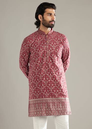 Maroon Silk Kurta Set For Men With Sequins And Resham Embroidery
