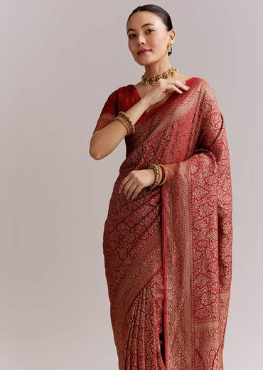 Maroon Silk Woven Brocade Saree With Zari And Floral Border