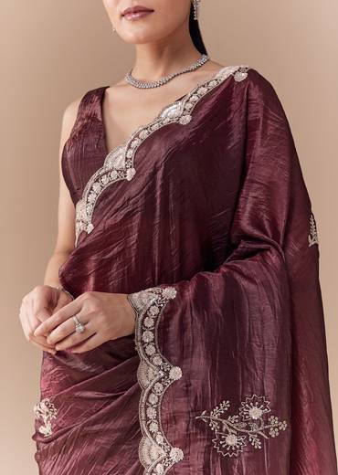 Maroon Tissue Embellished Saree with Blouse Fabric