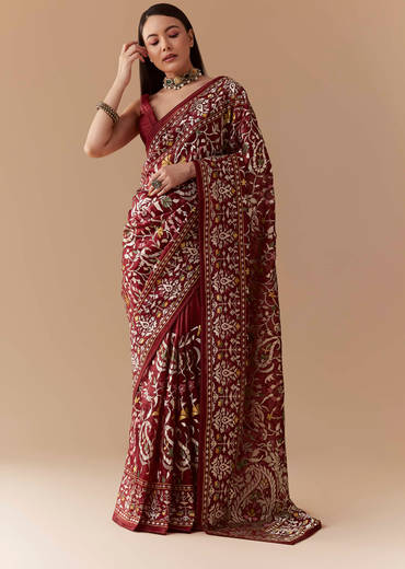 Maroon Tissue Organza Resham Work Saree with Unstitched Blouse