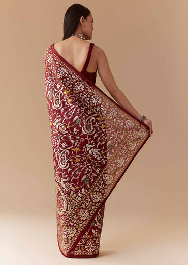 Maroon Tissue Organza Resham Work Saree with Unstitched Blouse