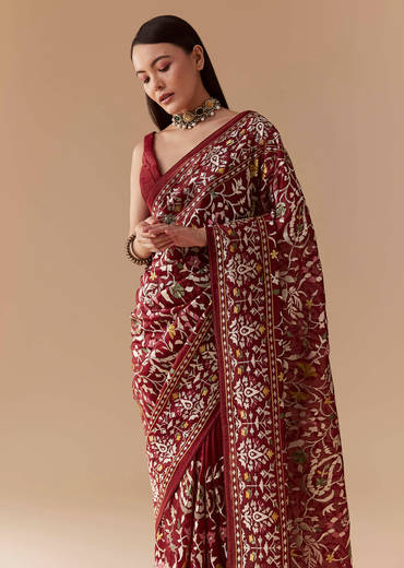 Maroon Tissue Organza Resham Work Saree with Unstitched Blouse