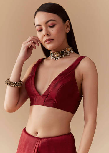 Maroon Tissue Organza Resham Work Saree with Unstitched Blouse