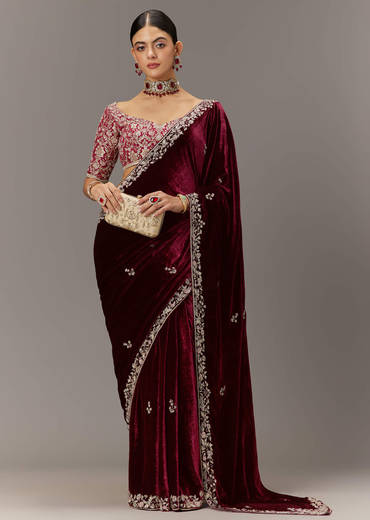 Maroon Saree In Velvet With Brocade Embroidered Blouse