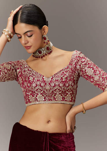Maroon Saree In Velvet With Brocade Embroidered Blouse