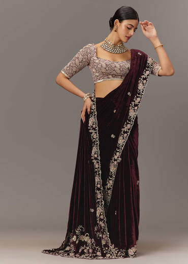 Maroon Velvet Saree With Brocade Embroidered Blouse