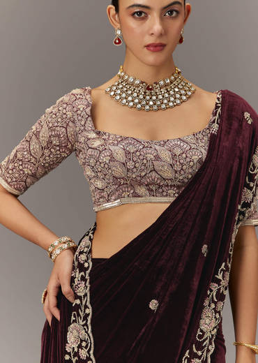 Maroon Velvet Saree With Brocade Embroidered Blouse