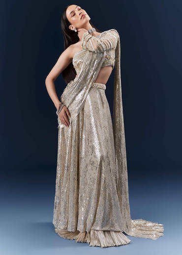 Mauve Imported Sequins Crop Top And Palazzo Pants With Attached Dupatta