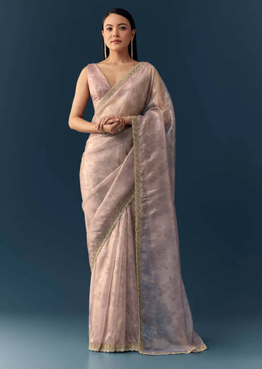 Mauve Jacqaurd Floral Print Tissue Silk Saree with Unstitched Blouse