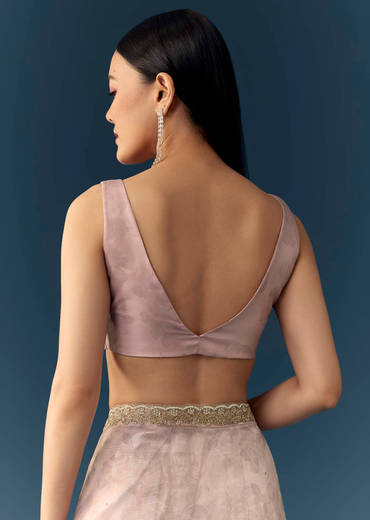 Mauve Jacqaurd Floral Print Tissue Silk Saree with Unstitched Blouse