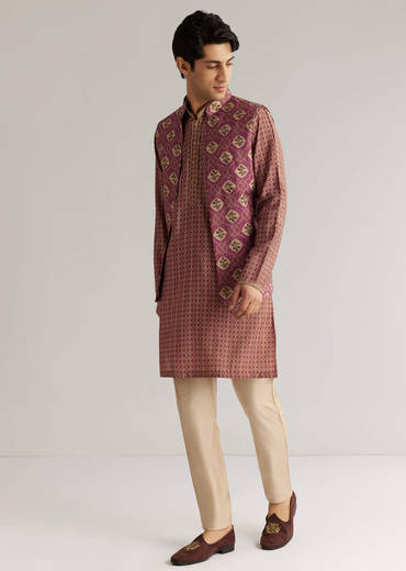 Mauve Modal Chanderi Cutdana Sequins Kurta Jacket Set