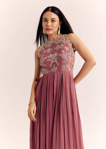 Mauve Pink Georgette Jumpsuit With Cutdana Beads And Threadwork