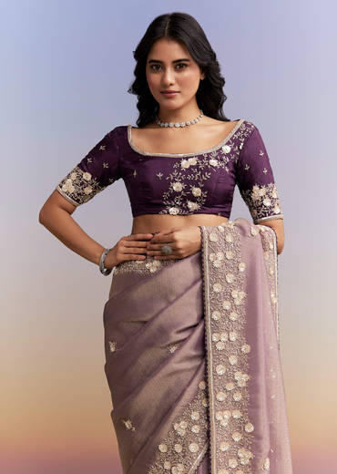 Mauve Purple Jacquard Tissue Saree With Heavy Hand Embroidery