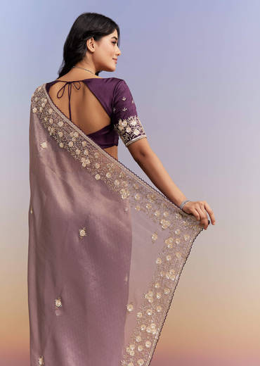 Mauve Purple Jacquard Tissue Saree With Heavy Hand Embroidery
