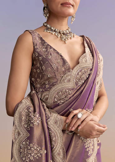 Mauve Tissue Embroidered Saree With Sequin And Stone Work