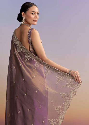 Mauve Tissue Embroidered Saree With Sequin And Stone Work