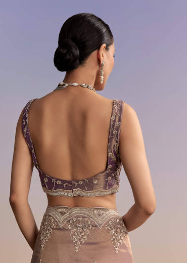 Mauve Tissue Embroidered Saree With Sequin And Stone Work