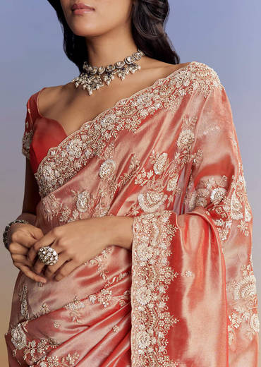 Mauve Tissue Saree With Scallop Border And Bead Embroidery