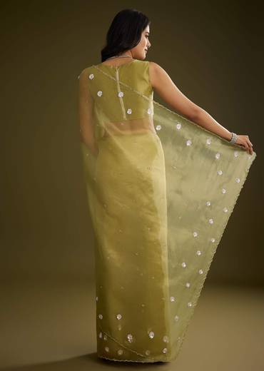 Mehandi Green Tissue Saree With Sequin Floral Embroidery