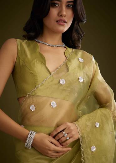 Mehandi Green Tissue Saree With Sequin Floral Embroidery